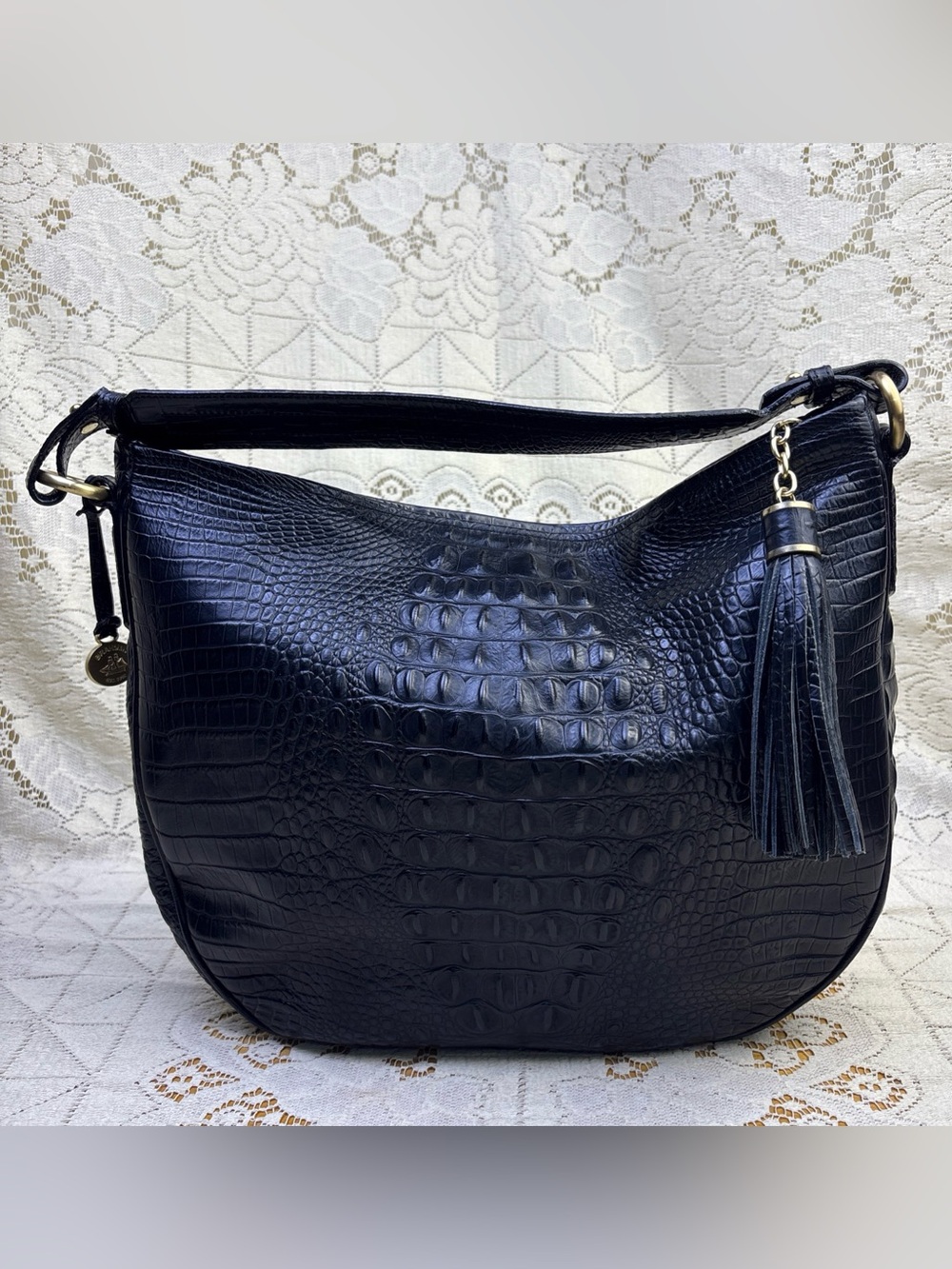 Brahmin Jacqueline Black Melbourne Hobo Croc Embossed Leather